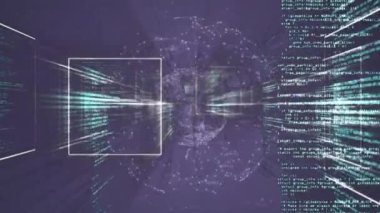 Animation of squares over connected dots forming globe and computer language on black background. Digitally generated, hologram, communication, globalization, coding, machine learning and technology.