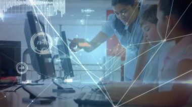 Animation of network of connections with data processing over school children using computers. Global education, computing and data processing concept digitally generated video.