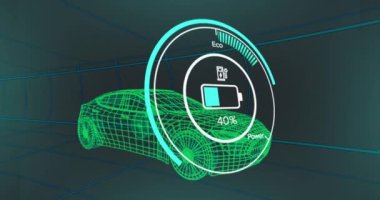 Animation of speedometer interface over 3d car model in seamless tunnel on blue background. Automobile engineering technology concept