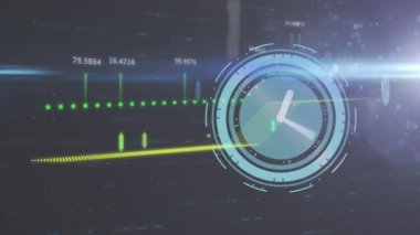 Animation of neon ticking clock and financial data processing and light spot on blue background. Global finance and business technology concept