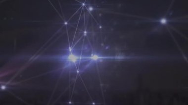 Animation of glowing network of connections against black background. Global networking and business technology concept