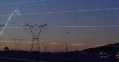 Animation of financial data processing over network towers against sunset sky. Global finance and networking technology concept