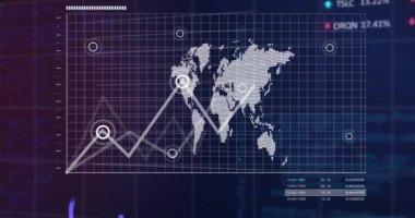 Animation of interface with statistical and stock market data processing on blue background. Global economy and business data technology concept