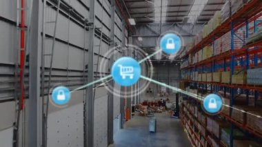 Animation of network of digital icons against aerial view of warehouse. Global networking and logistics business technology concept