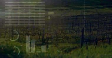 Animation of statistical data processing against aerial view of network towers at grassland. Global networking and business data technology concept