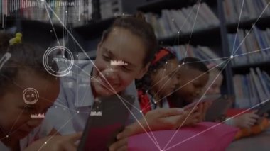 Animation of network of connections with data processing over school children using tablets. Global education, computing and data processing concept digitally generated video.