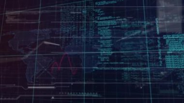 Animation of graphs and computer language over map, squares and hexagon pattern. Digitally generated, hologram, global, coding, machine learning and technology concept.