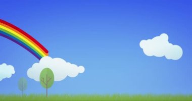 Animation of rainbows and white clouds on blue background. Rainbow, lgbt and equality concept digitally generated video.