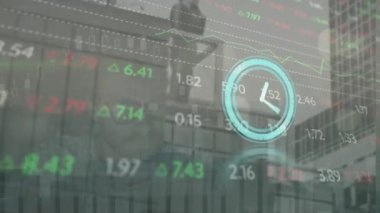 Animation of neon ticking clock. Stock market data processing and light spot against tall building. Global economy and business technology concept