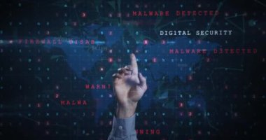 Animation of cyber security concept icons and data processing over hand touching futuristic screen. Global networking and cyber security technology concept