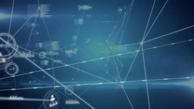 Animation of network of profile icons and data processing against light spot on blue background. Global networking and business technology concept