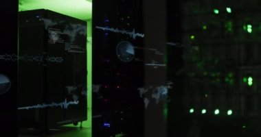 Animation of screens with data processing against computer server room. Computer interface and business data storage technology concept