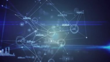 Animation of network of connections and data processing against blue light trails on blue background. Global networking and business technology concept