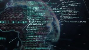 Animation of computer programming language over rotating globe on black background. Digitally generated, hologram, illustration, globalization, coding, machine learning and technology.
