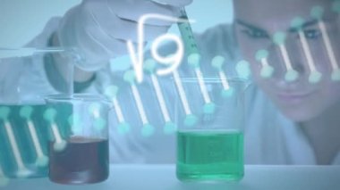 Animation of dna strand and scientific data over female scientist with test tube. Global science, computing and data processing concept digitally generated video.