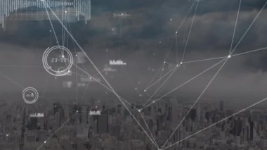 Animation of network of connections and data processing against aerial view of cityscape. Global networking and business technology concept