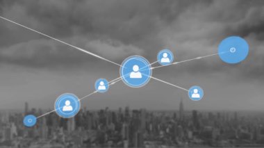 Animation of profile icons connected with lines against dense clouds over modern cityscape. Digital composite, multiple exposure, communication, social media, buildings, architecture, technology.