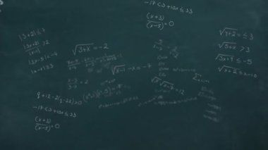 Animation of mathematical equations floating against black chalk board. Research science and school education concept