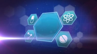 Animation of golden stars and light spot over medical icons and hexagonal shapes on blue background. Medical research and science technology concept