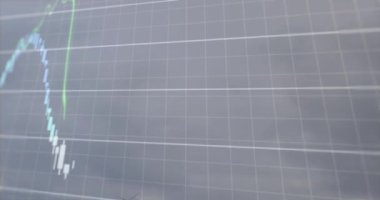 Animation of financial data processing over spinning windmills against grey sky. Global finance and renewable energy technology concept