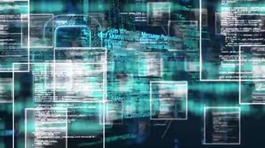 Animation of computer language, squares over circuit board pattern in padlock on abstract background. Digitally generated, hologram, security, protection, coding, machine learning and technology.