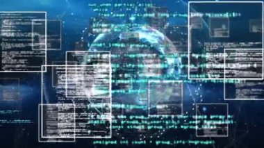 Animation of squares, 5g texts in circles and computer programming language over circle around globe. Digitally generated, hologram, globalization, coding, machine learning and technology concept.