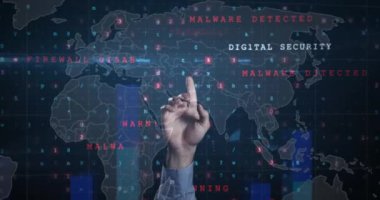 Animation of cyber security concept icons and data processing over hand touching futuristic screen. Global networking and cyber security technology concept