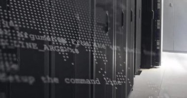 Animation of data processing over world map against computer server room. Global networking and business data storage technology concept
