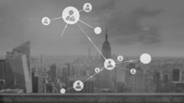 Animation People Icons Connected Empire State Building Skyscrapers Cloudy Sky — Stockvideo