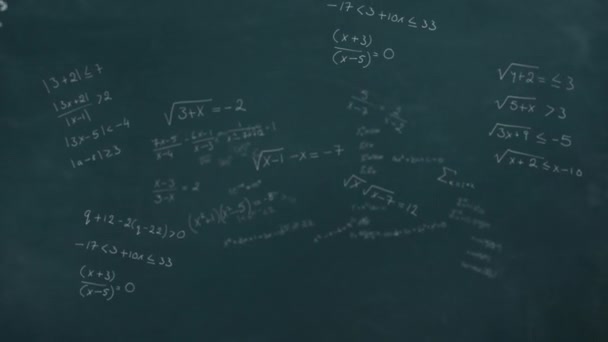 Animation Mathematical Equations Floating Black Chalk Board Research Science School — Stock Video
