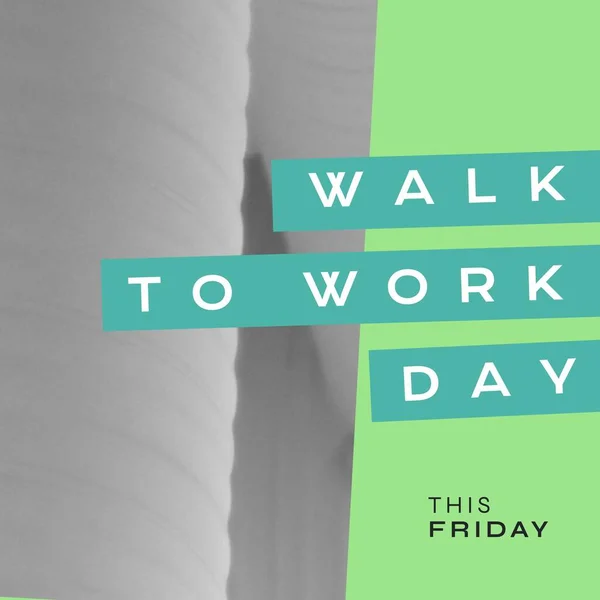 Composition of walk to work day text and copy space over green and white background. Walk to work day and celebration concept digitally generated image.