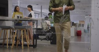 Animation of data processing, world map and globe over mid section of man walking at office. Global networking and business technology concept