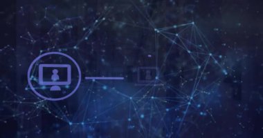 Animation of icons over illuminated dots connected with lines forming geometric shape. Digitally generated, hologram, illustration, communication, abstract and technology concept.