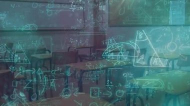 Animation of mathematical equations floating against empty classroom at school. Research science and school education concept