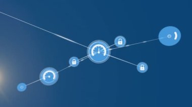 Animation of network of connections with icons over blue background. Global networks, business, finances, computing and data processing concept digitally generated video.