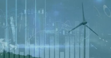 Animation of statistical data processing over spinning windmill on grassland against blue sky. Business data and renewable energy technology concept
