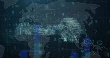Animation of cyber security and statistical data processing over security key icon against world map. Global networking and cyber security technology concept