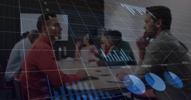 Animation of statistical data processing over diverse men discussing in meeting room at office. Business data technology concept