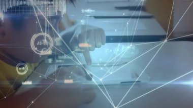 Animation of network of connections with data processing over schoolboy using tablet. Global education, computing and data processing concept digitally generated video.