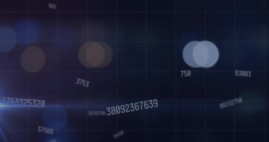 Animation of changing numbers over statistical data processing against colorful spots of light. Business data technology concept