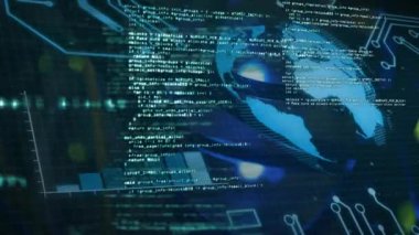 Animation of data processing and globe over blue background. Global networks, business, finances, computing and data processing concept digitally generated video.