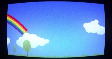 Mavi ekranda gökkuşağı ve beyaz bulutların arızalı animasyonu. Gökkuşağı, lgbt ve eşitlik kavramı dijital olarak oluşturulmuş video.