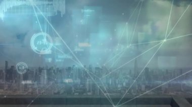 Animation of network of connections, data processing and square shapes over aerial view of cityscape. Global networking and business technology concept