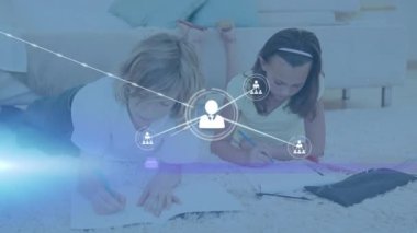 Animation of network of profile icons over caucasian girl and boy doing homework at home. Global networking and education technology concept