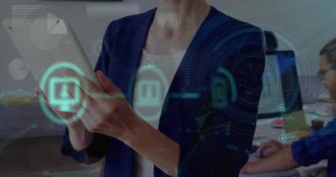 Animation of interface with data processing over caucasian businesswoman using digital tablet. Computer interface and business technology concept