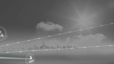 Animation of people icons connected with lines over cityscape and cloudy sky. Digital composite, multiple exposure, communication, buildings, message, social media, architecture and technology.