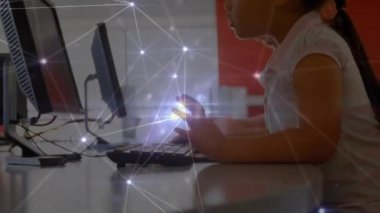 Animation of network of connections with data processing over schoolgirl using computer. Global education, computing and data processing concept digitally generated video.