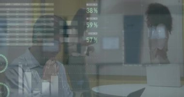 Animation of statistical data processing over two diverse women discussing over whiteboard at office. Business data technology concept