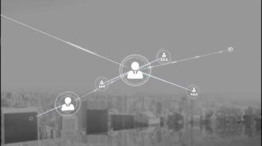 Animation of profile icons connected with lines against cityscape during foggy weather. Digital composite, multiple exposure, communication, buildings, social media, architecture and technology.