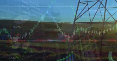 Animation of financial data processing over network tower against blue sky. Global finance and networking technology concept
